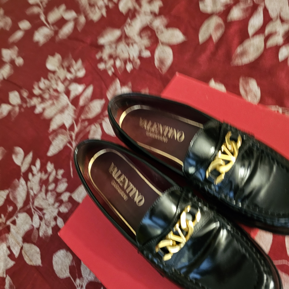 Valentino Black Leather Women Loafers with Gold Chain Detail